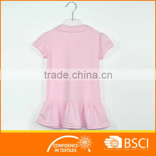 Pure Cotton Pique Turnning Up Neck Baby Solid Pink Dresses photo-2