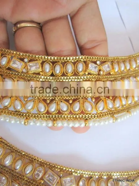 Designer PEARL Polki Payal ANKLETS Pair Feet Bracelet Gold Plated photo-4