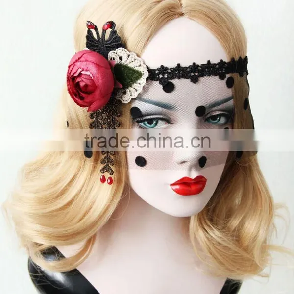 Sexy Lady Black Hollow Lace Mask,Dot Tulle Veil,Lace Flower Headband photo-4