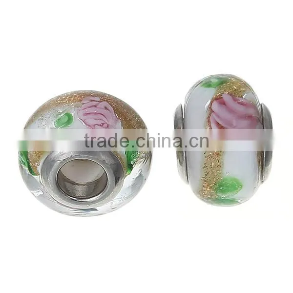 Lampwork Glass European Style Large Hole Beads Round Multicolor Flower With 304 Stainless Steel Silver Tone Core photo-3