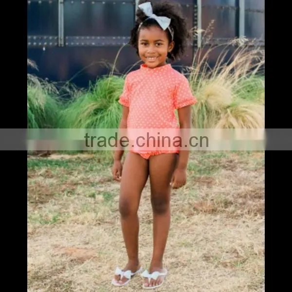 (SM112#coral )2-6T Deep Coral Polka Dot Ruffled Rash Guard Bikini for Children Clothing photo-2
