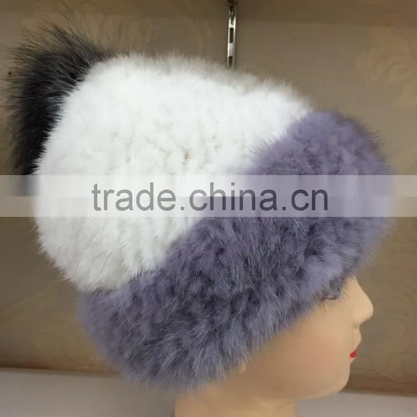 White Grey Fashion Grils Kintted Mink Fur Hat With Pom Pom photo-3