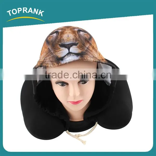 Toprank Custom Elastic Fabric Printed Animal Travel Hoodie Neck Pillow U Shape Microbead Travel Neck Pillow With Hoodie photo-3