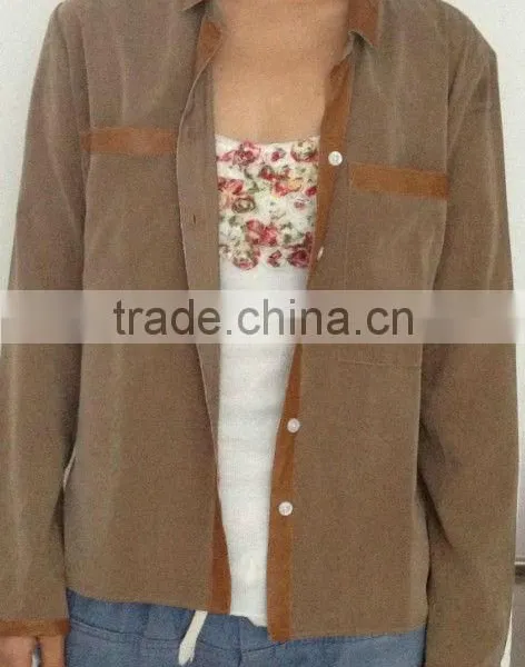 Chiffon Shirts Blouse Women PU Leather Contrast Fashion Shirt Blouse 2014