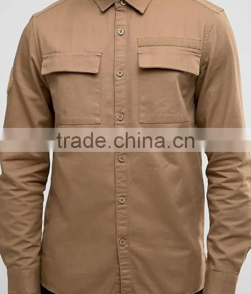 Custom Long Sleeve Spread Collar Twin Chest Pockets Mens Pre-Shrunk 100% Cotton Breathable Comfot Fit Casual Khaki Plain Shirts photo-3