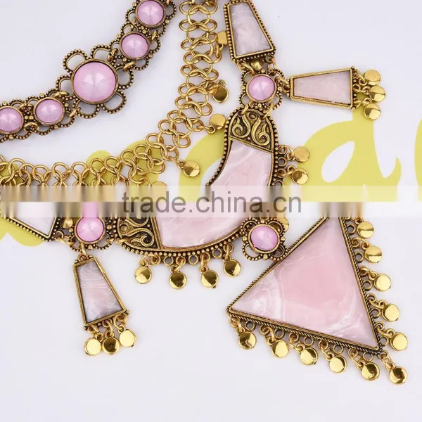 Fashion Women Pink Arcylic Gems Gold Plated Alloy Necklace Jewelry photo-3