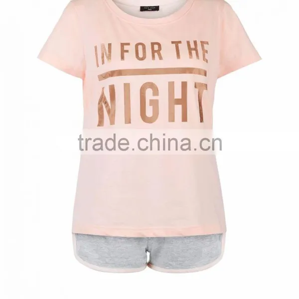 Wholesale Pink Nightwear Pyjamas Set Gold Foil Print 100% Cotton Sleepwear Set Shorts With Piping photo-4
