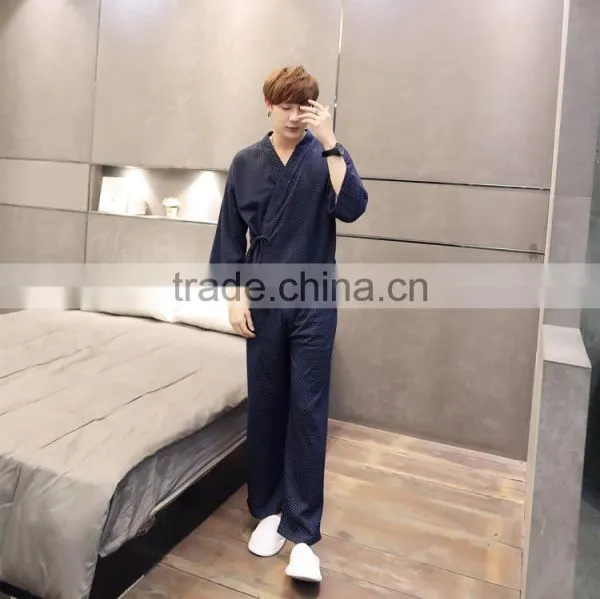 the Couple Wave Point Kimono Long Sleeve Knit Cotton Pajamas Male Ladies Leisure Belt Cardigan Household to Take photo-5