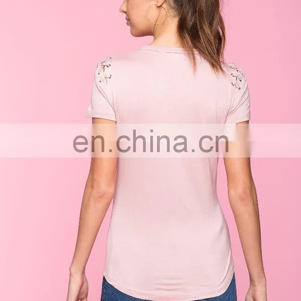 Wholesale Custom Comfort Colors T-shirts Fashion Lady T-shirt With Lace-up Details photo-3