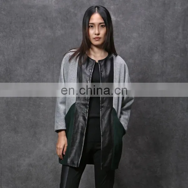 Wool Coat With Leather Patchwork Design for Women photo-6