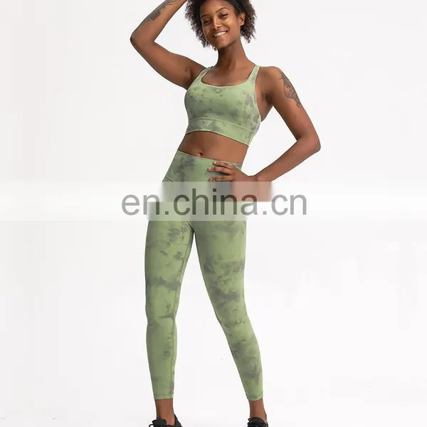 Customized Two Piece Tie Dye Leggings Match Sports Bra Yoga Sets Hight Quality Women Workout Gym Wear photo-3