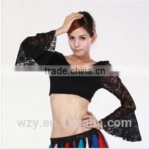 Belly Dance Training Long Sleeve Yellow Rose Lace Dance Costume Tops photo-4