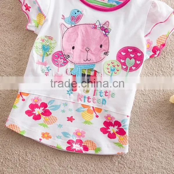 2-6T (S63145#White)Start Kids Clothing Wholesale Summer Baby Wear Kitty Cat Appliqued t Shirt photo-2