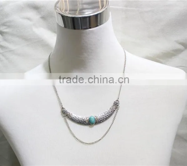 Anti-silver Folk w/ Blue Stone Statement Necklace Simple Chain Necklace 2016 Fashion Style Wholesale photo-2