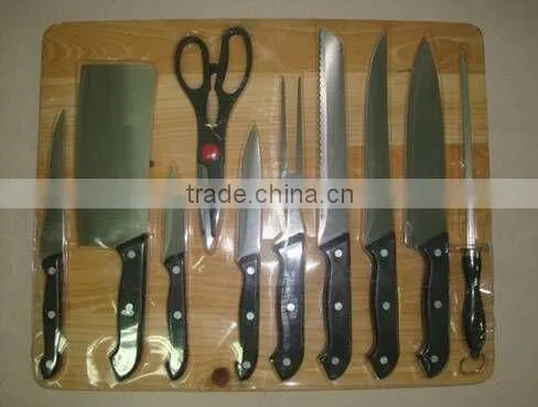 11 Pieces Kitchen Knives Set With Pine Wood Cutting Board