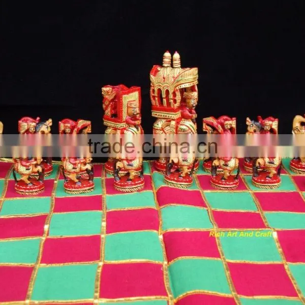 Hand Crafted Hand Painted Artisan India Art & Craft Fine Carvin Wooden Chess Set photo-5