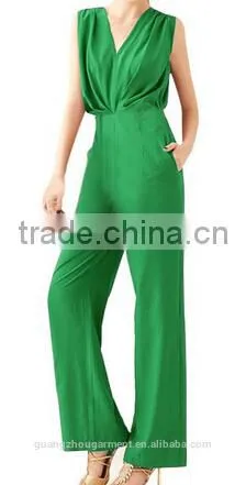 2014 emerald green V neck sleeveless designer belted elegant formal women jumpsuit