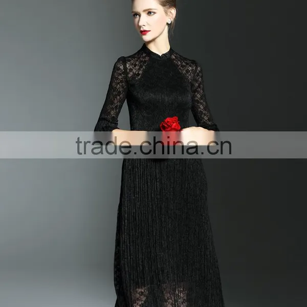 Elegant Lady Lace Hollow Out Embroidery A-line Pleated Fold Lace Dress photo-4