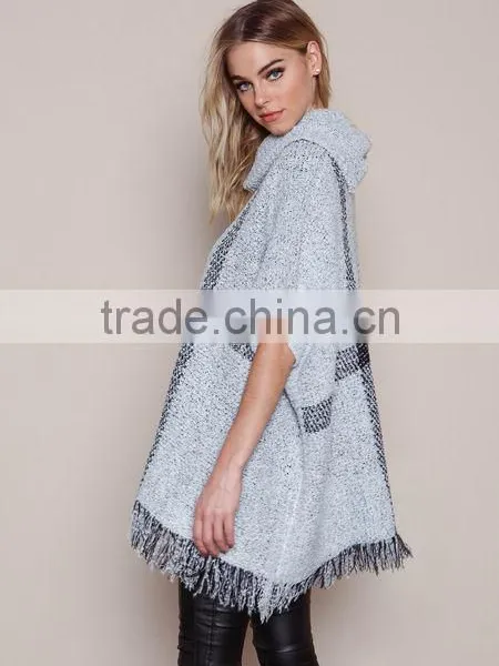 MGOO New Fashion Plaid Pullover Tops Grey Knit Mohair Fringe Poncho Women Winter Popular Clothes photo-6