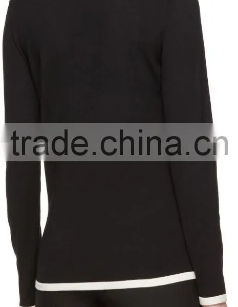 High Quality Long Sleeve Rib Knit V-Necked Black and White Contrast Women Pullover photo-3