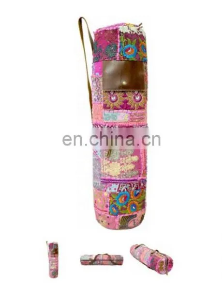 Banjara Style Yoga Bag Yoga Met Bag Ethnic Hand Embroidered Vintage INDIAN Kantha YOGA Mat Bag LEATHER Cross Body Yoga Bag Purse photo-3