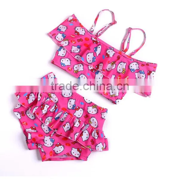 Hot Pink Hello Tankini for Young Girl Teens Summer Bikini Cartoon Kitty Cat Beachwear Fushia Girls Swimsuit Supplier's Choice