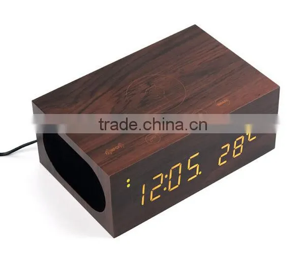 Wireless Charger+Clock+Alarm+Thermometer,New Style Wood Bluetooth Speaker photo-4