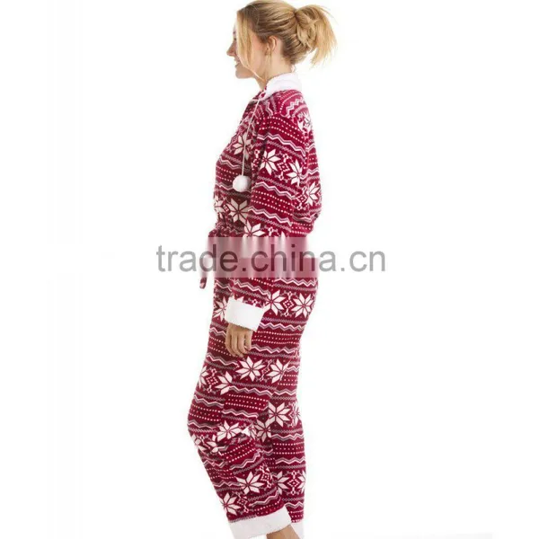 Womens Red And White Floral Printed Fleece Hoody Nordic Supersoft Jumpsuit photo-4