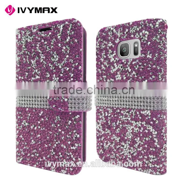 IVYMAX High Quality Luxury Rock Crystal Rhinestone PU Leather Diamond Wallet Case Flip Cover For Samsung Galaxy S7/G930 photo-2