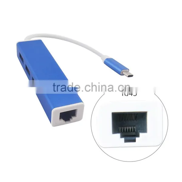 USB-C 3.1 Type-C to 3 Port USB 2.0 Hub With /100/1000M RJ45 LAN Adapter for Windows