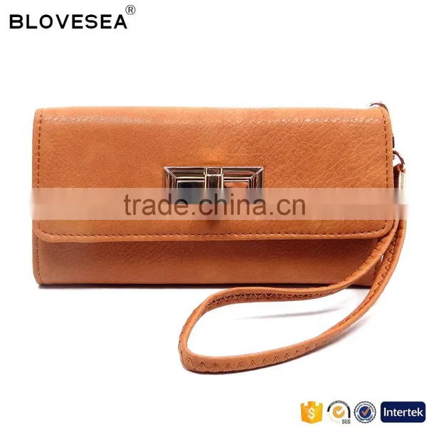 Elegant Leisure Style Branded Double Folding Metal Lock Flap Woman Wallet Deisgner Leather Wallet