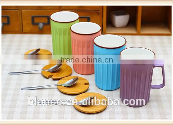 Colorful Stripe Embossed Ceramic Cup With Lid and Spoon photo-4