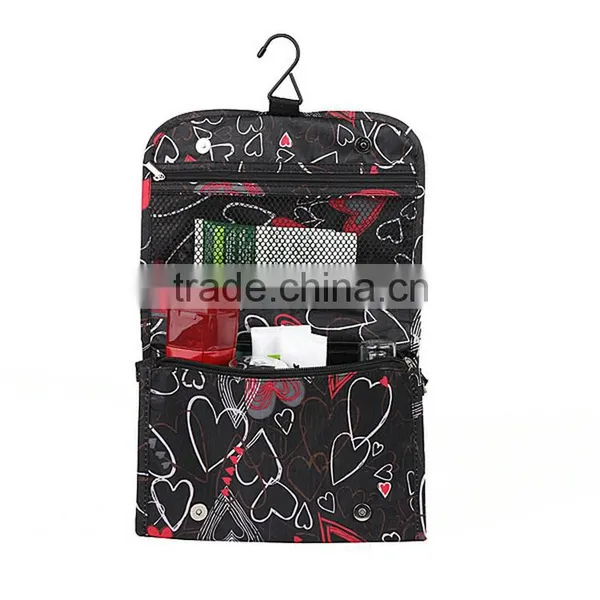 210D Nylon Plaid Floral Printing Toiletry Cosmetic Bag With Hanger photo-3
