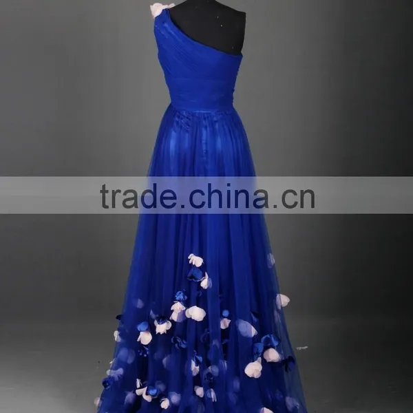 RSE661 One Shoulder Petals And Floras Flowing Skirt Royal Blue Long Teen Prom Dresses photo-2