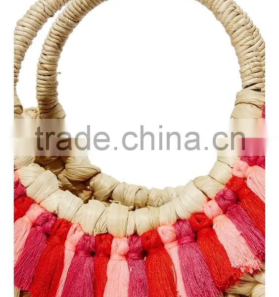 Red and Pink Tassels Pompom Vietnam Water Hyacinth Beach Bag photo-2