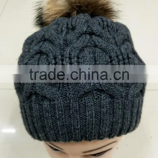 2016 Unisex Fashion Hot Popular Crochet Wool Beanie Knitted Cap With Real Racoon Dog Fur Pompom photo-2