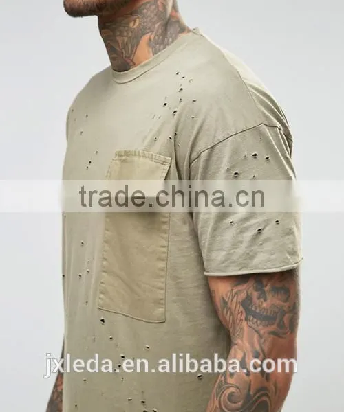 Personalized Wholesale Import Longline Distressed T-shirt Men OEM, Street Hip Hop Wear photo-3