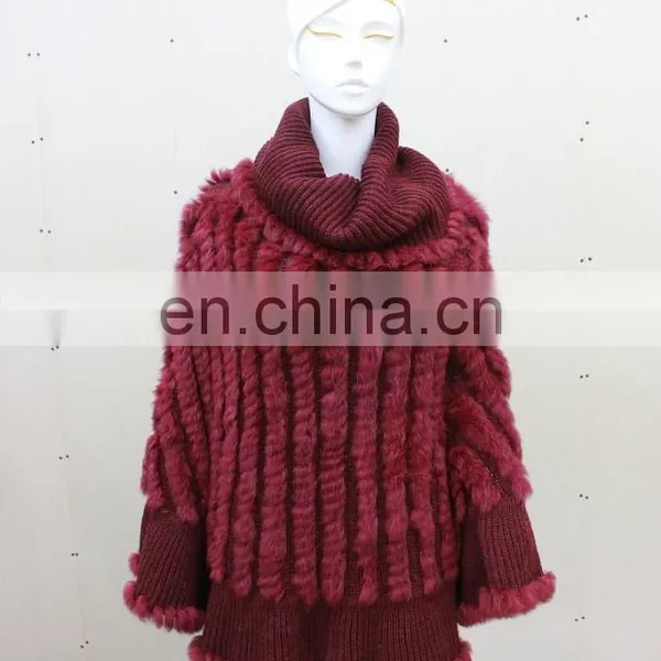Grace Ladies Wine Red Rabbit Fur Knitted Cloak New Collection Knitting Sweater Shawl Marvelous Knit Fur Cape Poncho