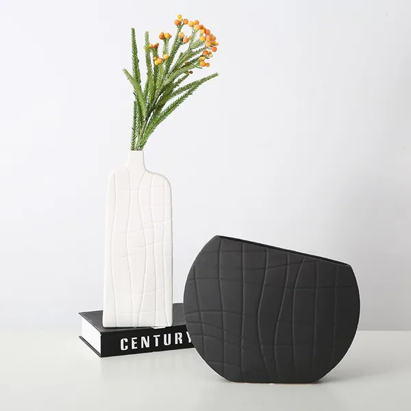 Flat Black And White Stripes Simple Art Style Ceramic Vase, Creative Design Home Decoration photo-4
