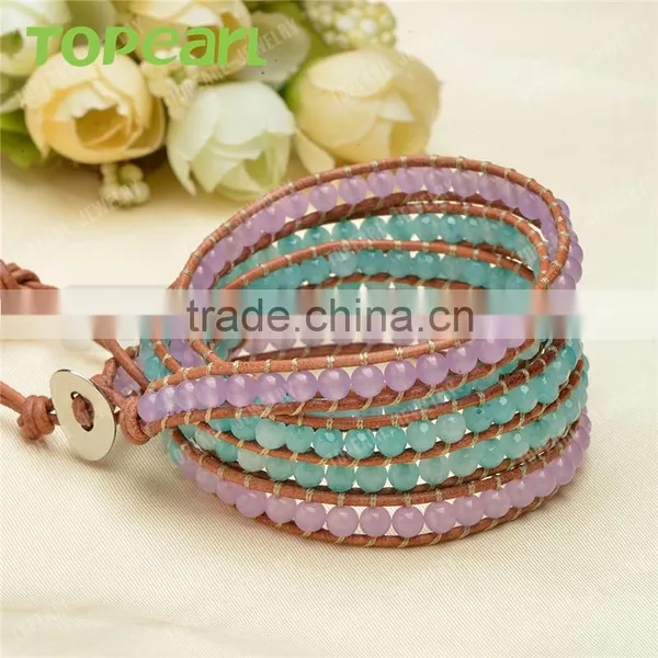 Topearl Jewelry Malaysia Jade Fashion Bracelet Woven Leather Wrap Bangle With Copper Clasp 33.5 Inches CLL140 photo-3