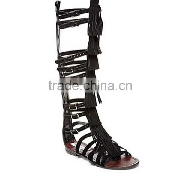 New Style Women Genuine Leather Gladiator Sandal Lace up Flat Knee High Sandal Boots photo-4