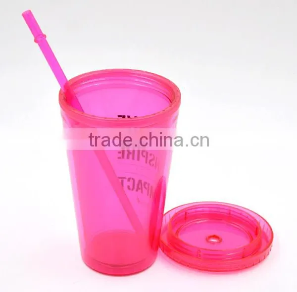 AS Material Double Wall 450ML BPA Free Plastic Cup With Straw - Pink Color photo-2