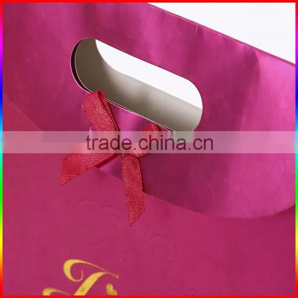 Embossed Magenta Paper Wedding Bag With Gold Printing photo-5