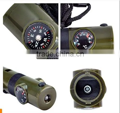Multi Functions 7 in 1 Survival Whistle LED Torch Outdoor Hiking Necessary Compass Thermograph photo-2