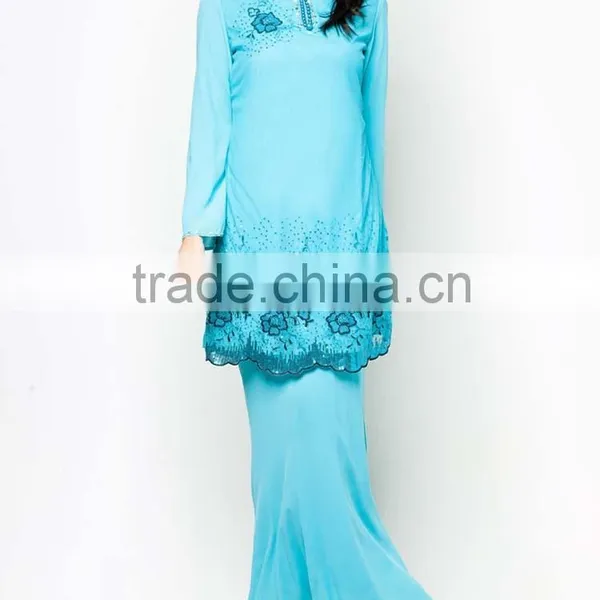 Blue Beaded Printed Made in China Long Sleeve Muslim Dress photo-2