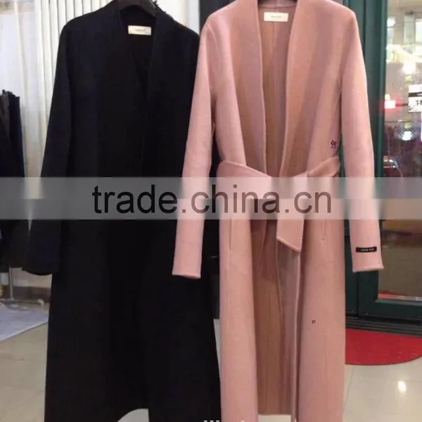 Women's Fashion Wool Coat 100% Wool Belt Waist Slim Fit V-neck Pink Black
