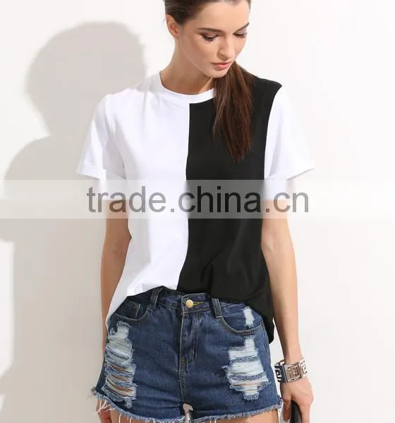 OEM Simple Black and White Block O Neck T Shirt for Women LC8293 photo-3