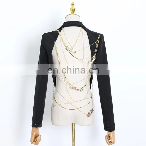 Ladies Fashion Casual Suit With Back Metal Chain Decoration Black Suit Jacket Women Blazers Suits photo-6