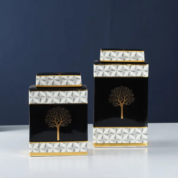 Nordic Style Creative Household Decoration Geometry and Tree Painting Cube Ceramic Flower Vase As Table Storage Jar With Lid photo-3