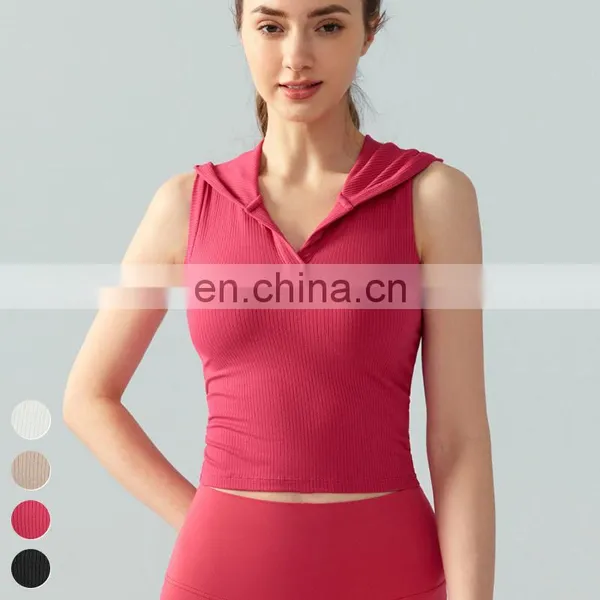 Wholesale Fitness Running Tank Top Hooded V Neck Slimming Fixed Pad Vest Sport Sleeveless Short T Shirt Ribbed Yoga Tops Women photo-3